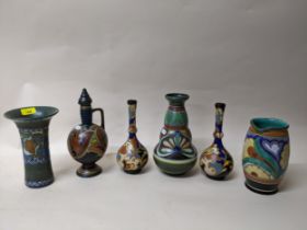 A group of six Dutch Gouda pottery items to include a Gouda Voon vase circa 1918 of double gourd
