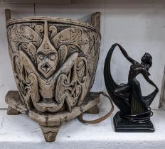 An Art Deco style table lamp 35h, together with a tribal carved stand on three legs, 46h x 40w,