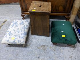 An early to mid 20th century wooden stool with carrying slot to the top, along with two