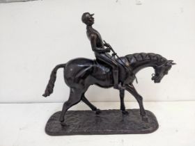A late 20th century bronze model of a horse and jockey on a plinth A/F Location: