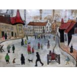 A 20th century oil painting, a copy after L.S Lowry, depicting figures walking in a town street,