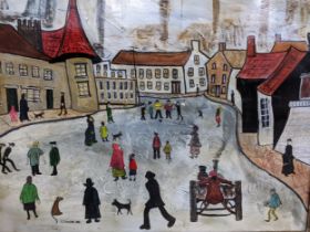 A 20th century oil painting, a copy after L.S Lowry, depicting figures walking in a town street,