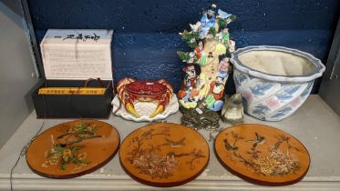 A mixed lot to include a Chinese figural group, porcelain crab, plater and other items Location: