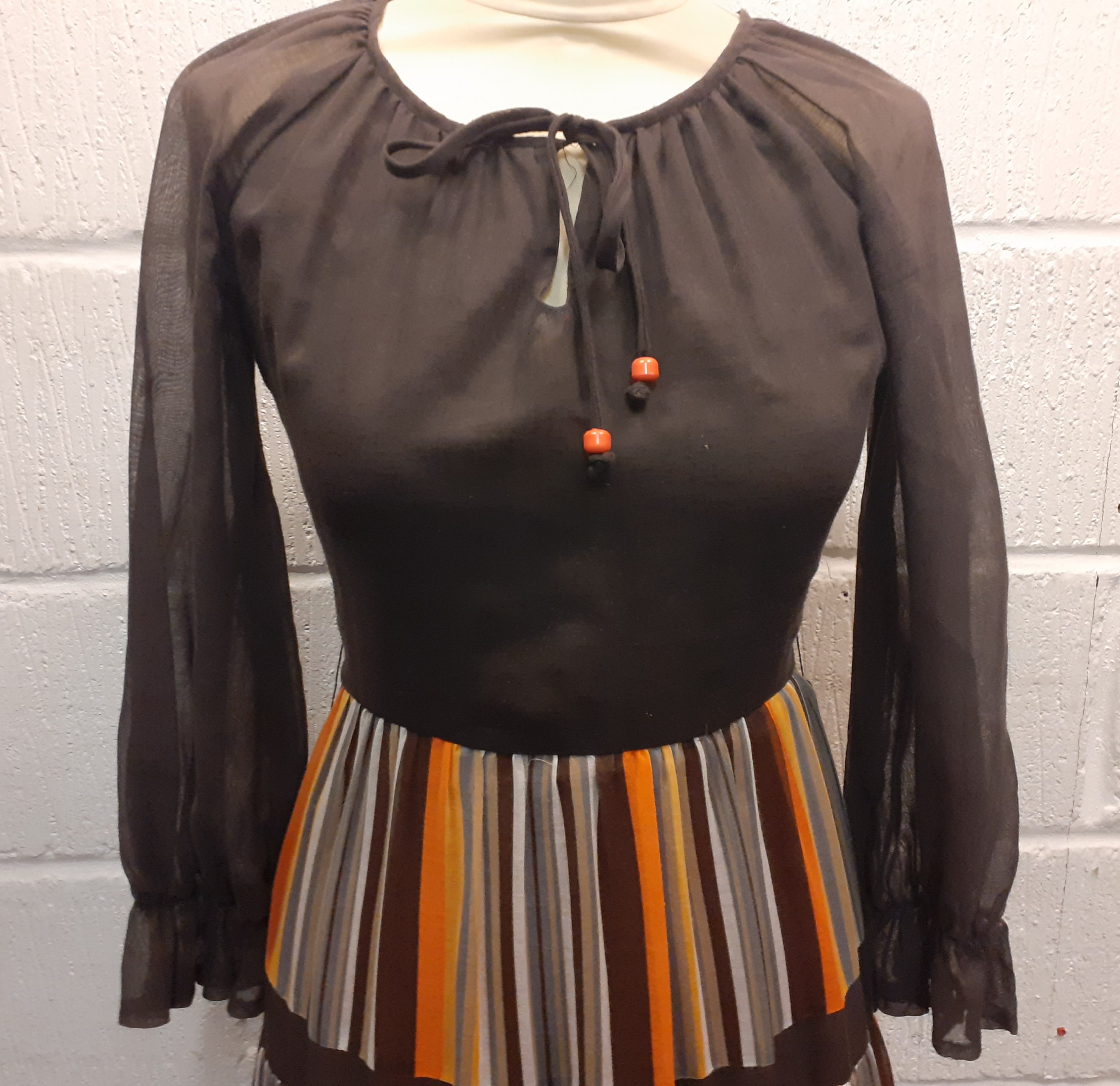 A 1970's Pat Farrell sheer brown full length dress having orange, yellow, brown and white stripes to - Image 6 of 12