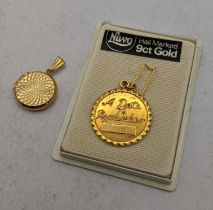 A 9ct gold engraved pendant, together with a 9ct gold locket pendant, total weight including glass