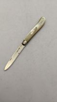 A Victorian silver fruit knife having serrated edge blade, and a mother of pearl handle Location: