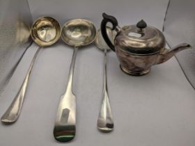 Silver plated items to include two soup ladles, a basting spoon, and a teapot Location: