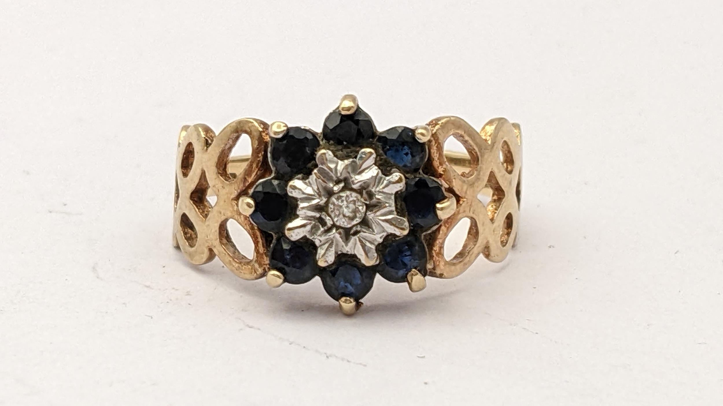 A 9ct gold sapphire and diamond cluster ring, 2.8g Location: