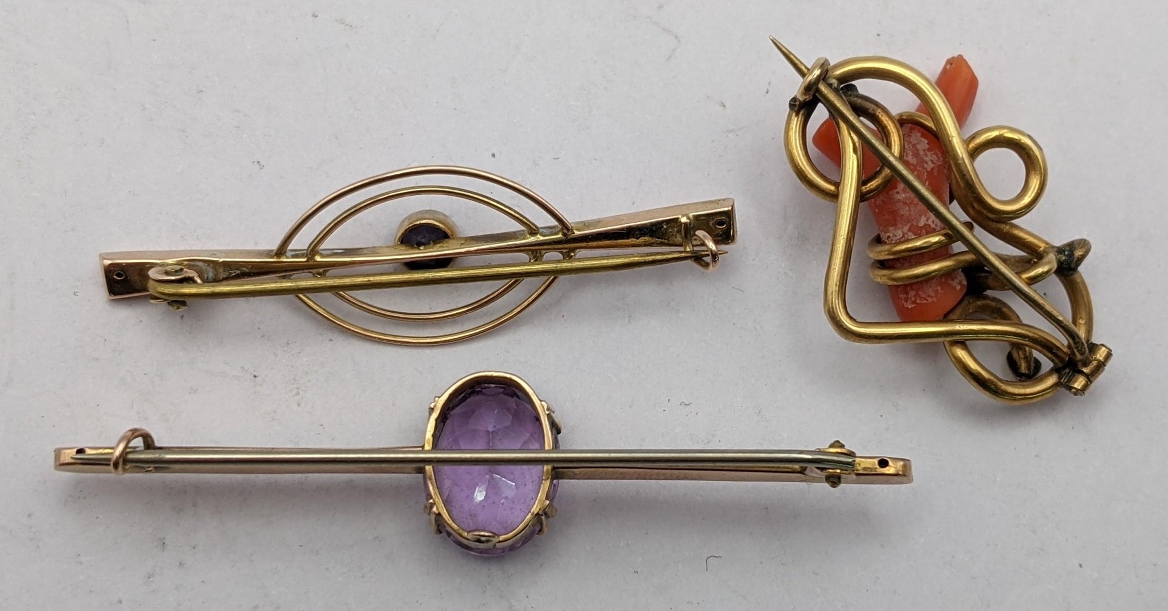 Three brooches, one Victorian, two Edwardian on yellow metal and non precious stones Location: - Image 2 of 2