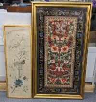 Two Chinese silk embroideries of floral design, glazed in gilt frames Location: