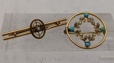 Two late 19th century/ early 20th century 9ct gold brooches to include a turquoise and pearl brooch,