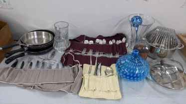A mixed lot to include Arthur Price cutlery, art glass vase, Tefal cooking pans and other items