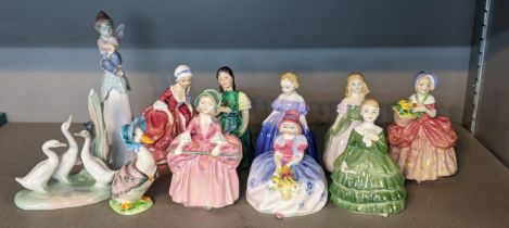 Mixed porcelain figures and ornaments to include eight Royal Doulton figures, Beswick Jemima