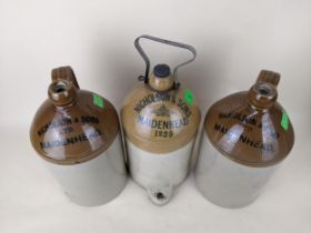 Three Nicholson, Maidehead flagons; a 1 gallon tap jar and 2 gallon flagons