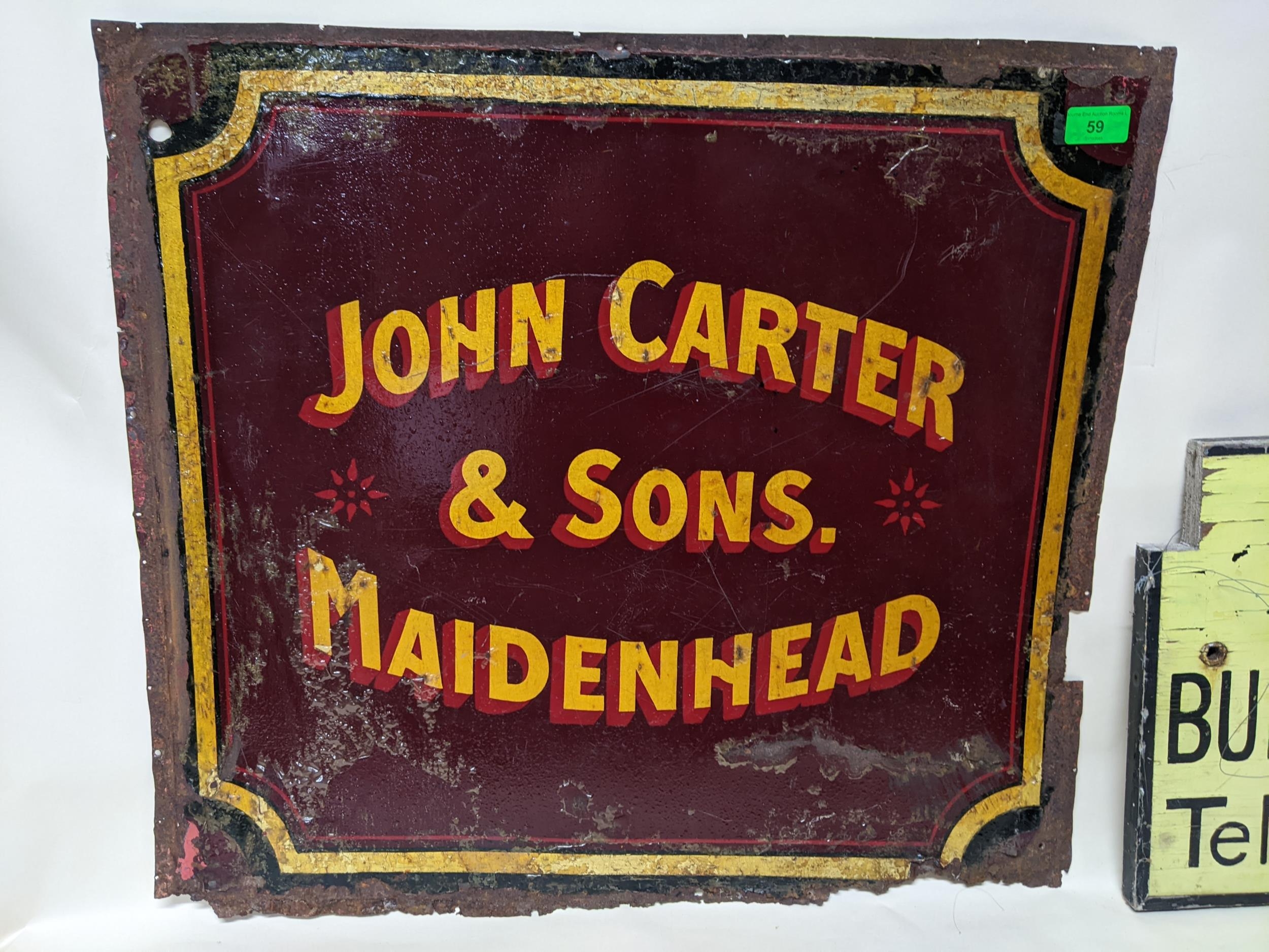 Hand painted tin fairground sign for Carters, Maidenhead plus a vintage hand painted Winkfield Row - Image 2 of 3