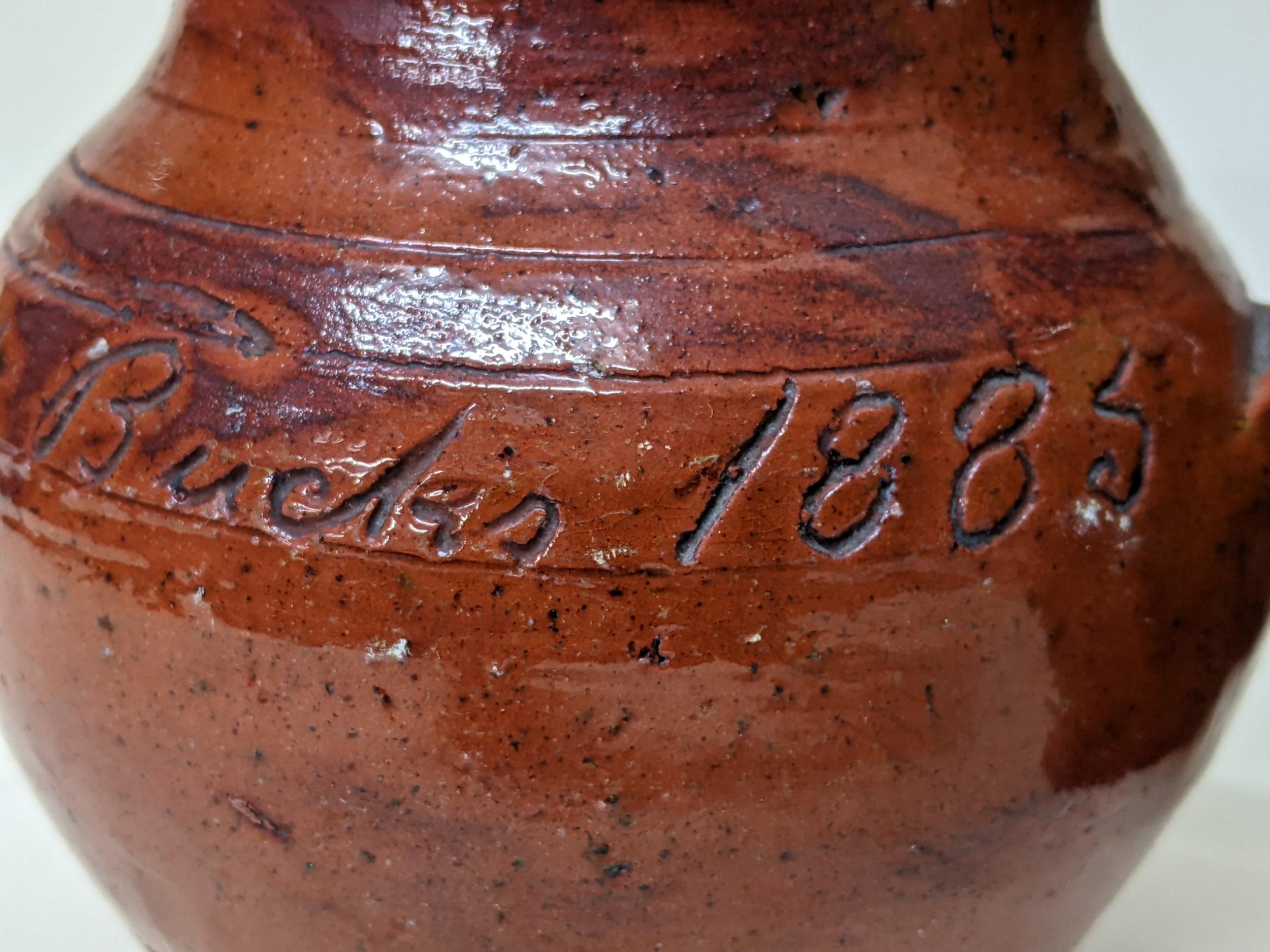 A pottery jug inscribed John Tiggery, Beaconsfield, Bucks, 1885 and another similar initialled G.S. - Image 3 of 3