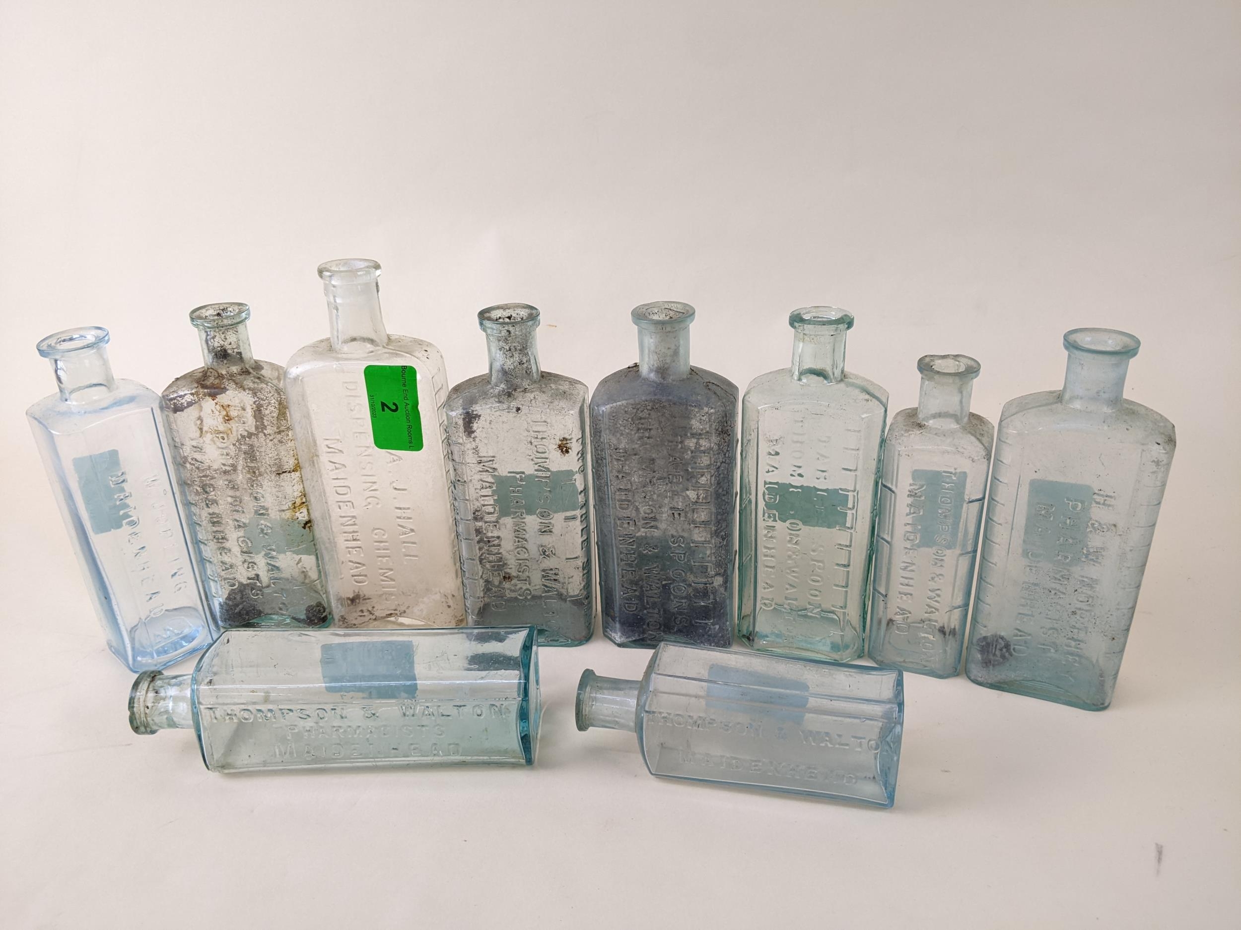 Ten Maidenhead chemist bottles; Thompson & Walton, etc