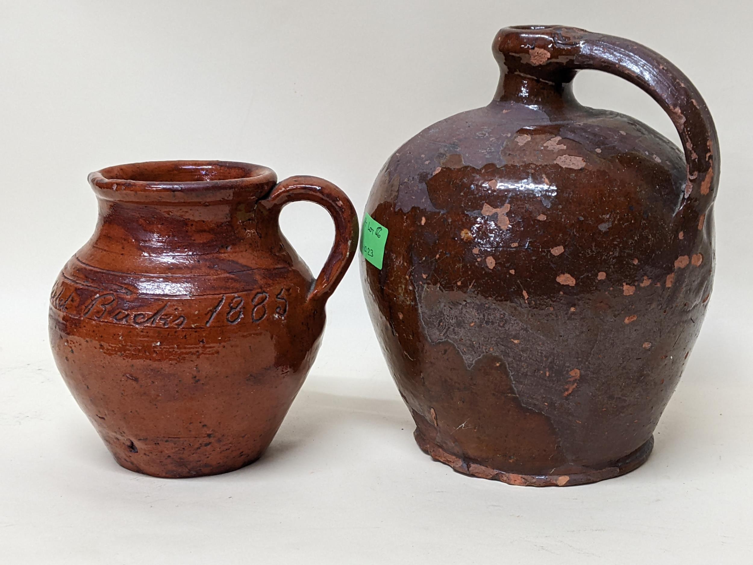 A pottery jug inscribed John Tiggery, Beaconsfield, Bucks, 1885 and another similar initialled G.S. - Image 2 of 3