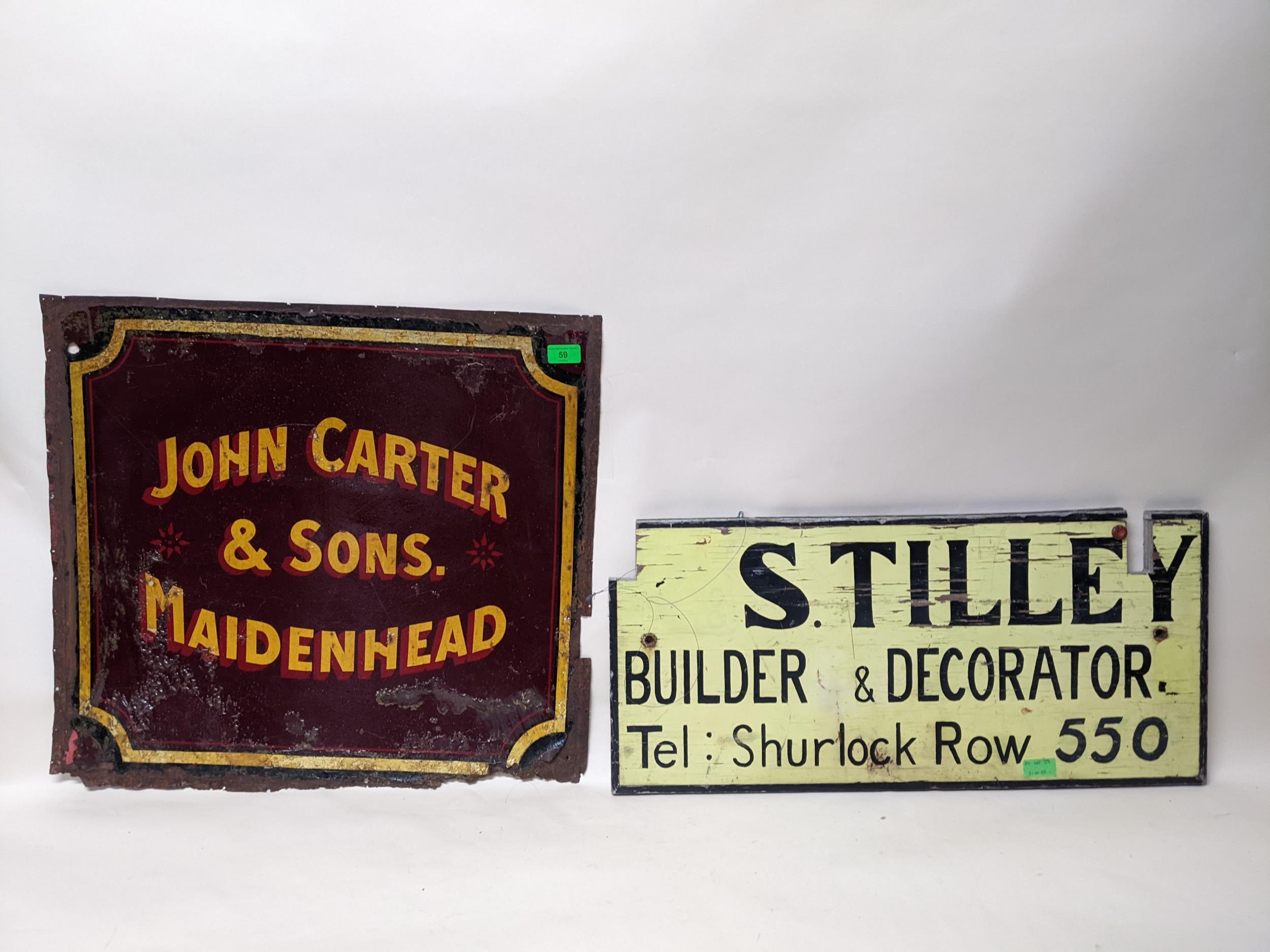 Hand painted tin fairground sign for Carters, Maidenhead plus a vintage hand painted Winkfield Row
