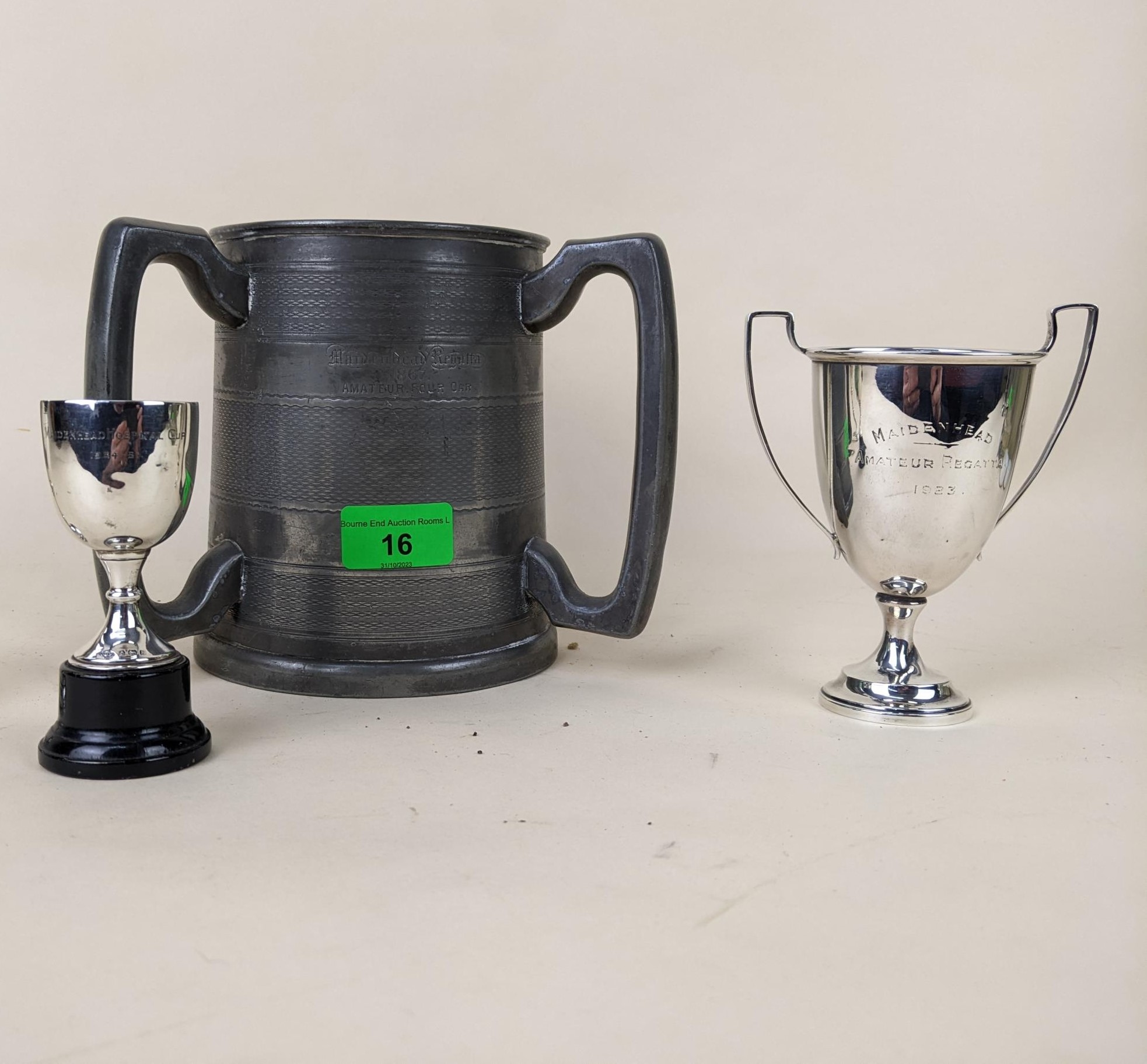 Three Maidenhead trophies; Maidenhead (river) Regatta 1867 'Four Oar' three handled pewter