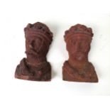 A pair of terracotta corbels in the form of Medieval knights, both stamped Maidenhead Brick & Tile