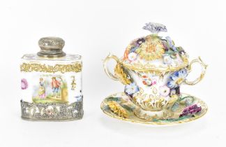 A German silver-mounted porcelain tea caddy, painted with galanterie scene and flowers, with