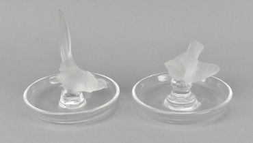 Two Lalique frosted and clear glass bird ring trays, one with a pheasant, the other with a