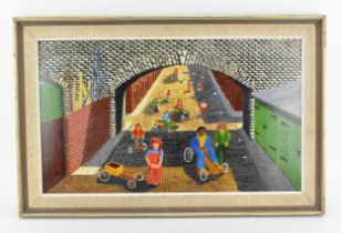 William Robert Dafter (1901–1994) British 'Go-kart Racing', 1974, oil on board, signed lower left,