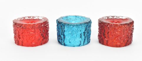 Three Whitefriars glass 'Bark Effect' candle holders designed by Geoffrey Baxter, pattern 9733,