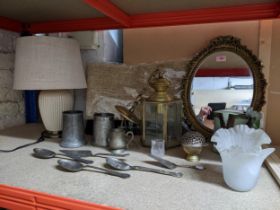 A miscellaneous lot to include a lantern style porch light, gilt framed oval mirror, glass vase with