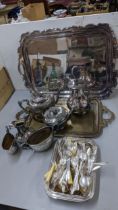 Silver plate to include a Walker & Hall tray, a tea set, flatware tableware, a brass tray and entire
