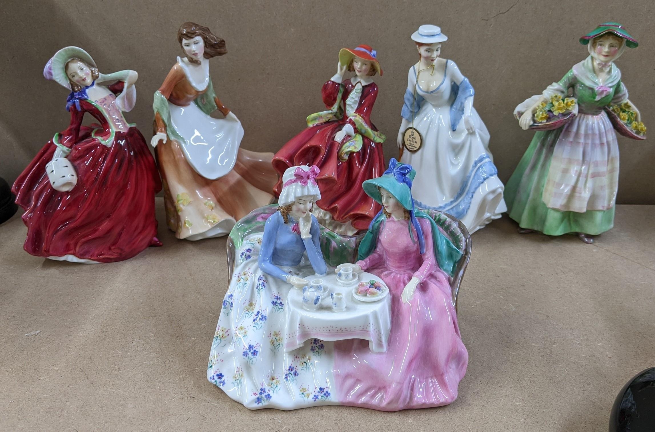 A Royal Doulton figural group entitled 'Afternoon Tea' and others to include Daffy Dawn Dilly and