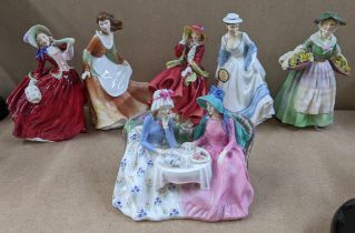 A Royal Doulton figural group entitled 'Afternoon Tea' and others to include Daffy Dawn Dilly and