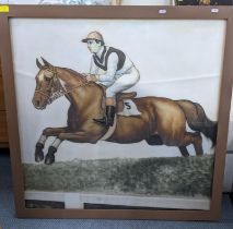 A framed picture depicting a jockey and horse, in a brown painted frame, 85cm x 85cm Location:LWM