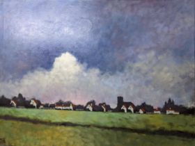 David Gainford (Contemporary) - extensive landscape with red roofed houses, oil on canvas, signed