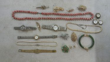 Costume jewellery and fashion wristwatches to included a Bulora textured watch, brooches and