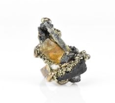 A contemporary freeform pyrite, gemstone and crystal cluster modernist ring, made by a Brazilian