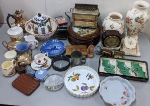 A mixed lot to include Copenhagen plates, leather cigar case, silver plated tea set, squeeze box,