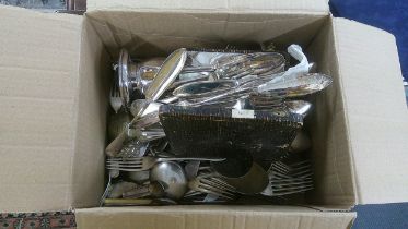Silver plated mainly old English pattern flatware, a small try, a vase and other items Location: