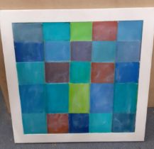 A modern abstract chequered oil painting on board in a white painted frame Location: BWR