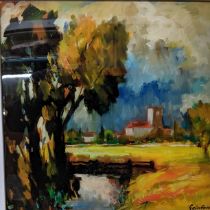 David Gainford - The Stream - mixed media with resin finish, landscape with village houses and a