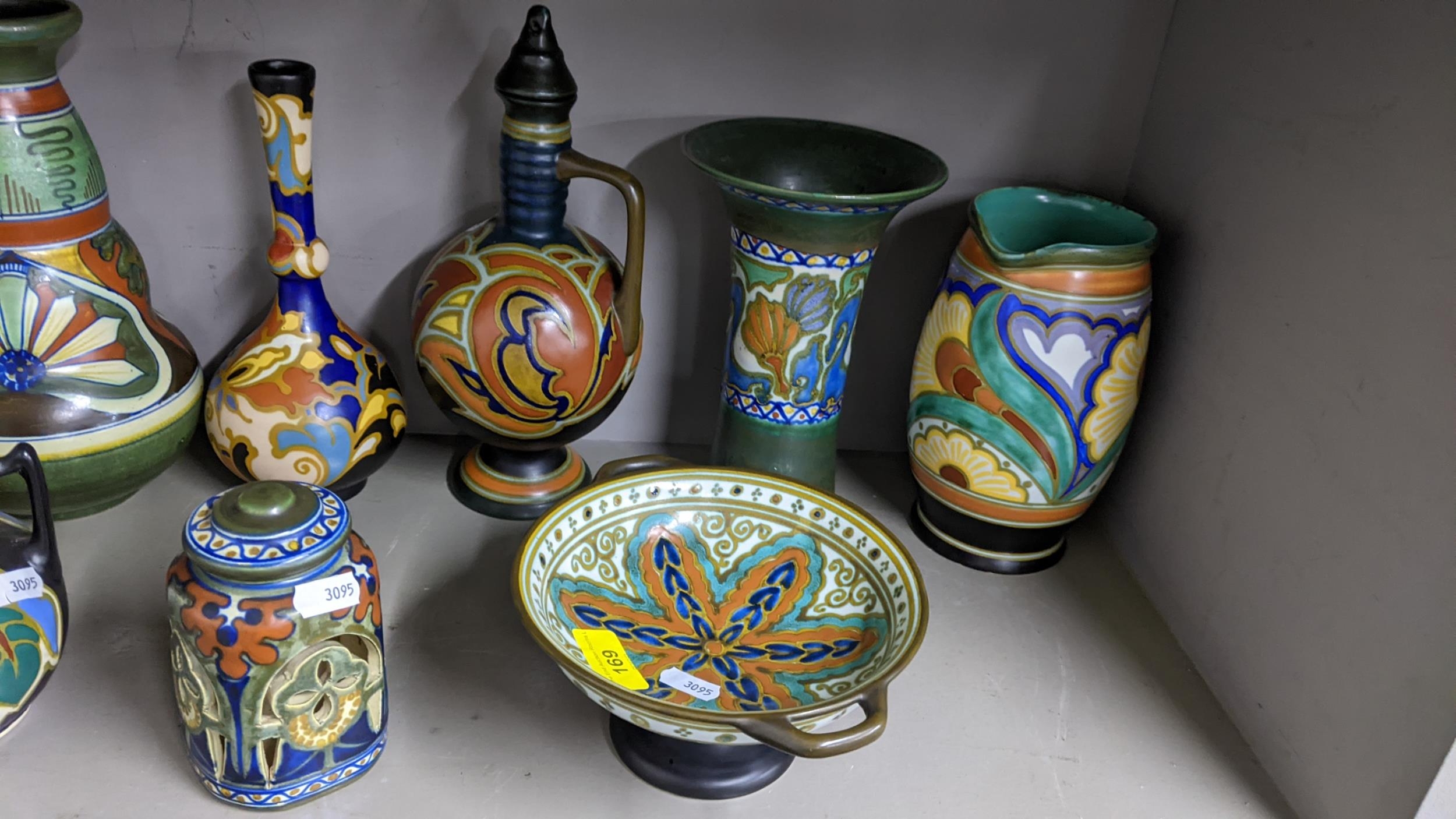 A group of Dutch Gouda pottery items to include a Gouda Voon vase circa 1918 of double gourd - Image 3 of 13