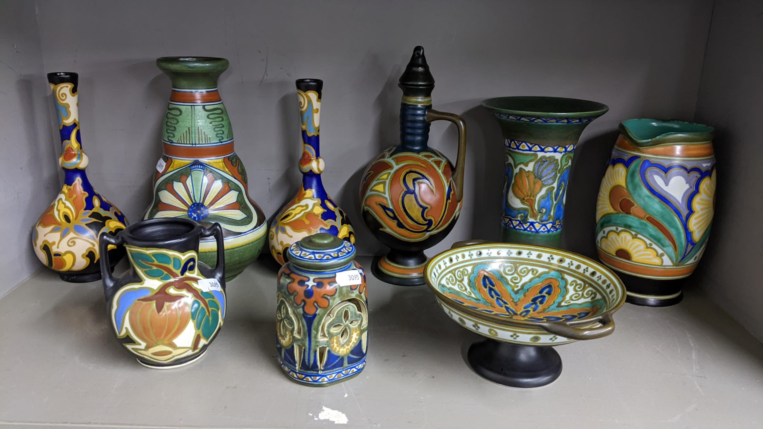 A group of Dutch Gouda pottery items to include a Gouda Voon vase circa 1918 of double gourd - Image 2 of 13