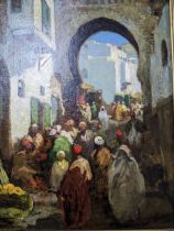 Late 19th/early 20th century Orientalist oil painting on canvas depicting a street scene with