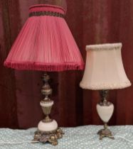 Two mid 20th century gilt metal and marble table lamps, the tallest excluding shade 57.5cm h