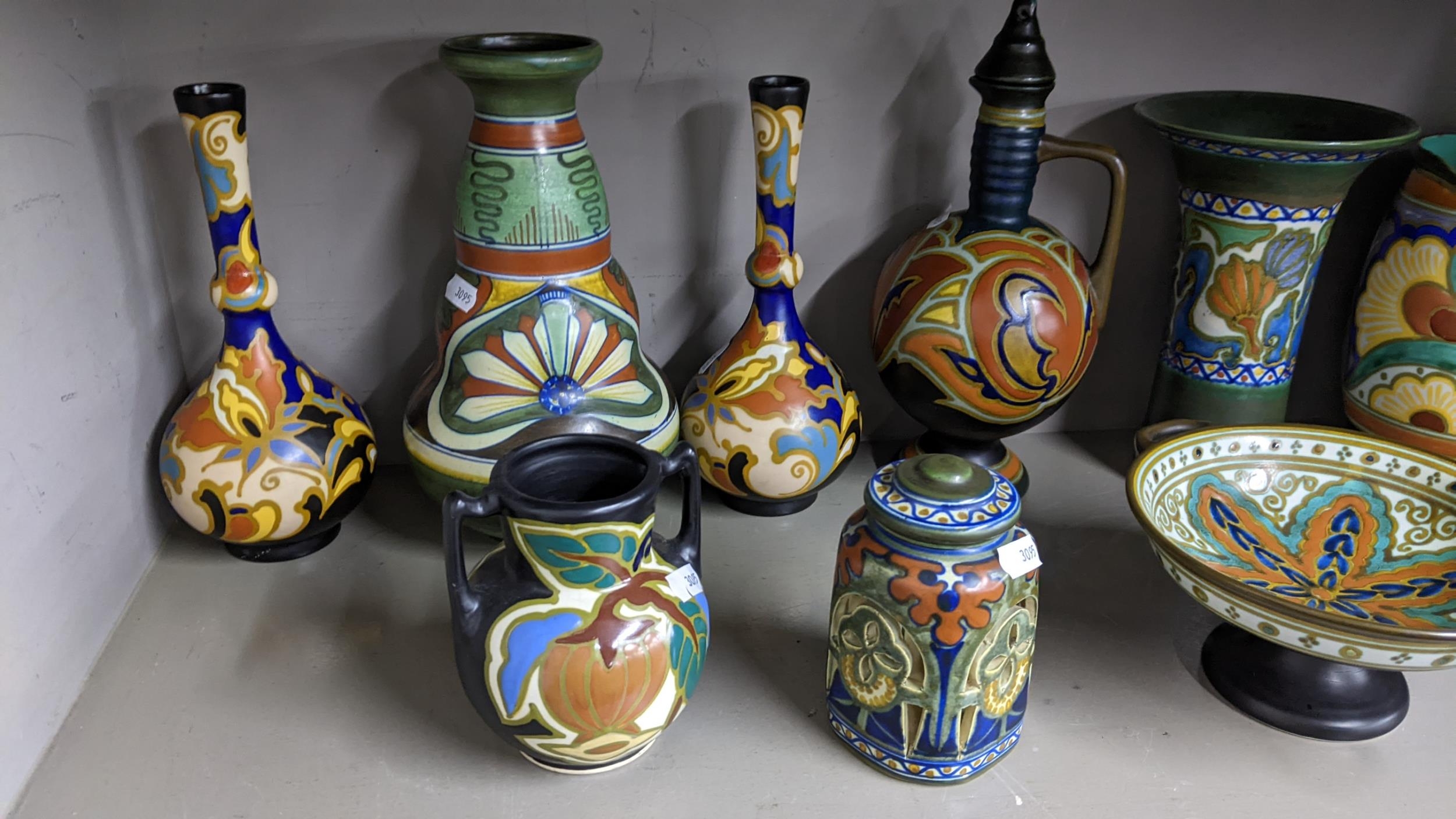 A group of Dutch Gouda pottery items to include a Gouda Voon vase circa 1918 of double gourd - Image 4 of 13