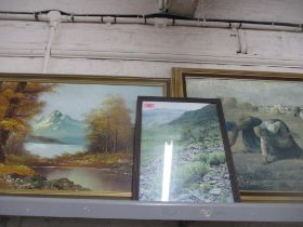 A quantity of framed and unframed pictures to include various paintings, two signed Swaine depicting