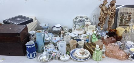 A large mixed lot to include 19th century sewing boxes, Wedgwood Jasperware vase, glassware,