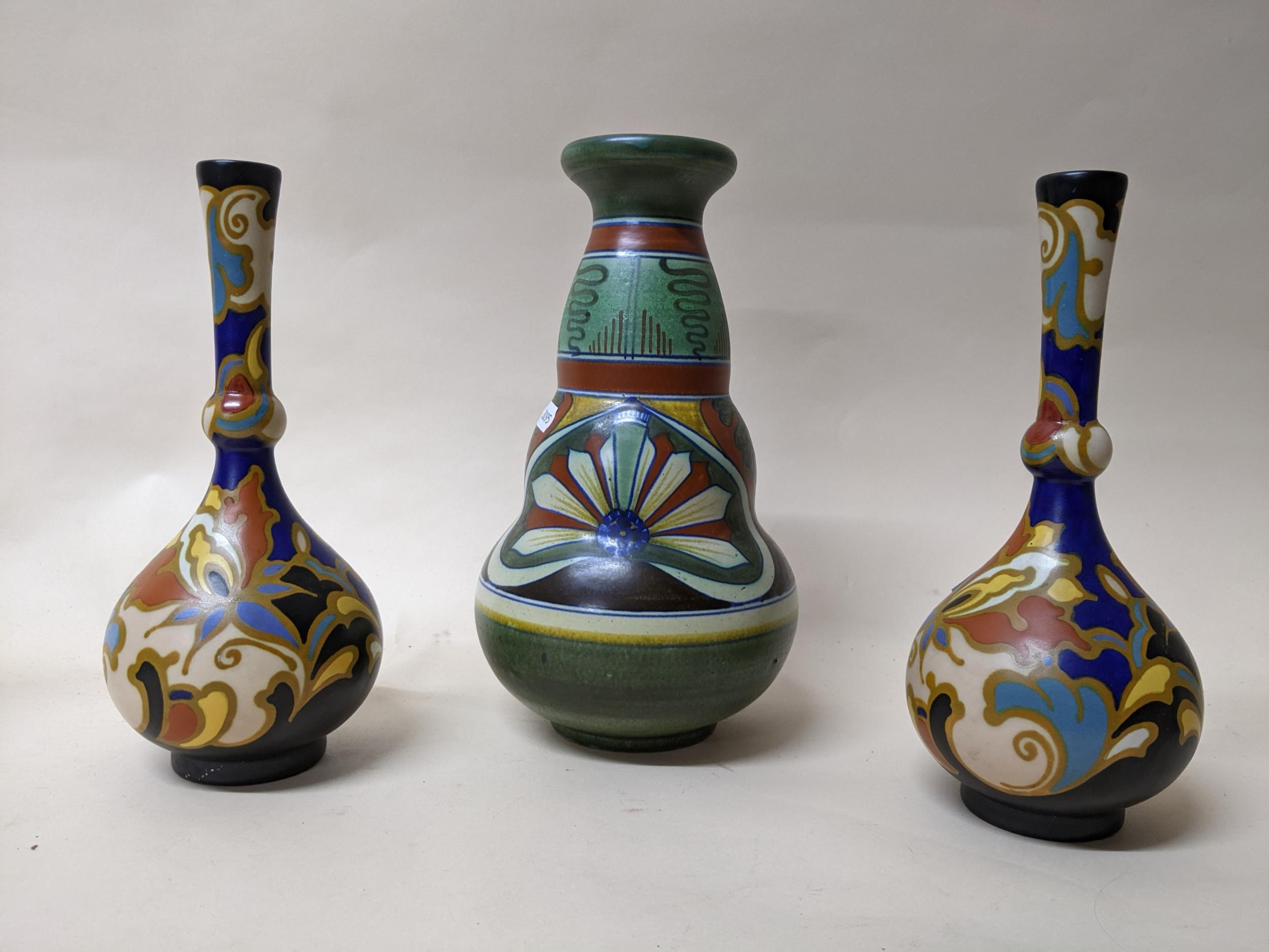 A group of Dutch Gouda pottery items to include a Gouda Voon vase circa 1918 of double gourd - Image 5 of 13