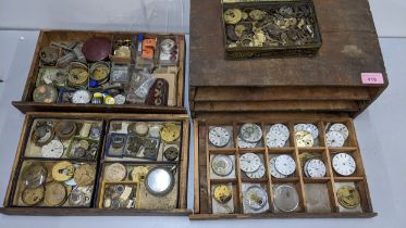 A selection of pocket and wristwatch movements and parts contained in a chest and tin box Location: